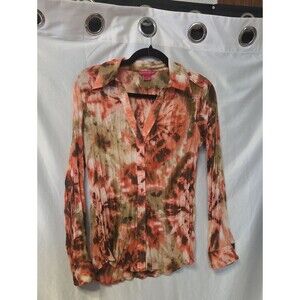 Sunny Leigh Coral & Olive Tie-Dye Button Down Shirt Small Sz